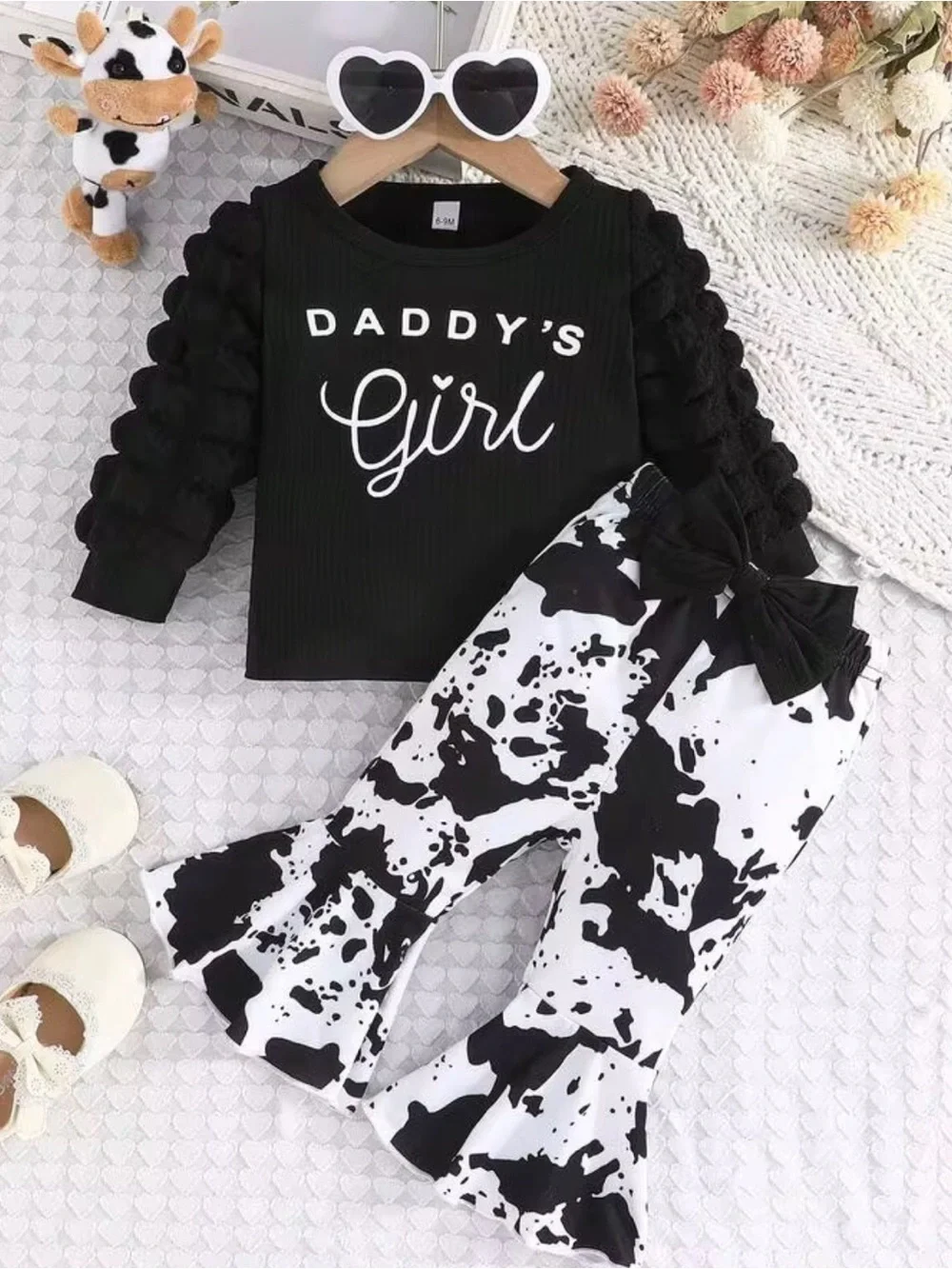 Little Girls ‘Daddy's Girl’Black/White Cow Flare Bubble Sleeves Size-2-3 Yrs NEW